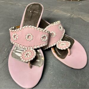Pastel Pink and White Leather Whipstitch Wedge Sandals 8.5
